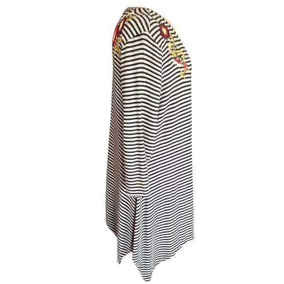 Soft Surroundings Knit Tunic 1X Gray Black Stripe Floral Embroidery Asymmetric - Picture 5 of 10